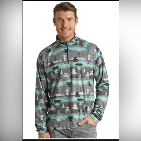 Rock & Roll Denim Men’s Turquoise Aztec Print Performance Quarter Zip - Picture 1 of 7